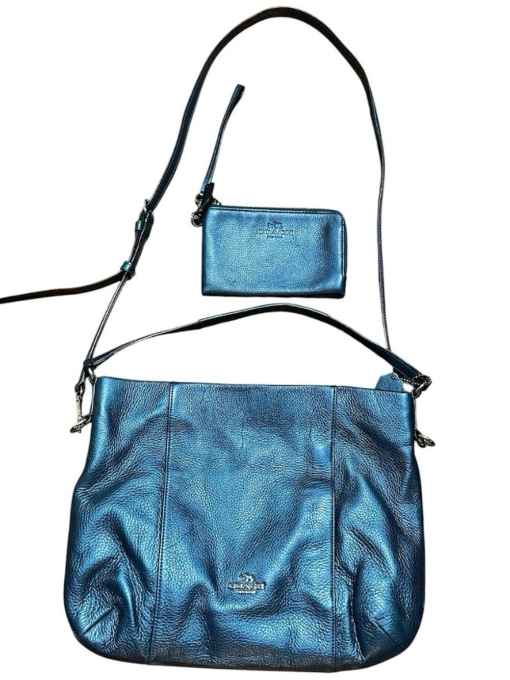 Coach Isabelle Pebbled Leather Shoulder Bag and Wristlet Metallic Blue